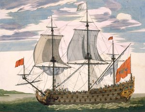 Marinha britânica: um navio de primeira classe voando pela bandeira branca; três andares com cabine do almirante, de &39;Le Naptune François&39;, c.1693-1700 (gravura colorida à mão)